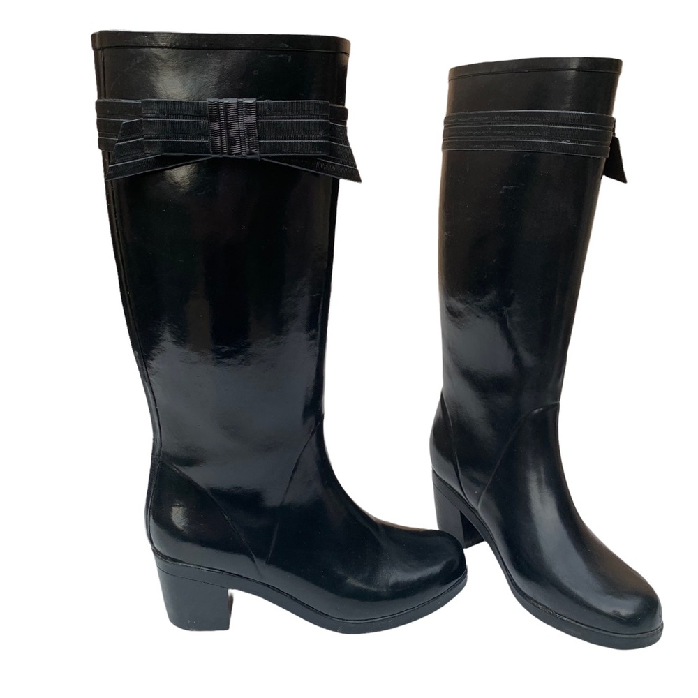 Kate Spade Black Rubber Bow Detail Knee High Pink Lining Heel Rain Boots size 7